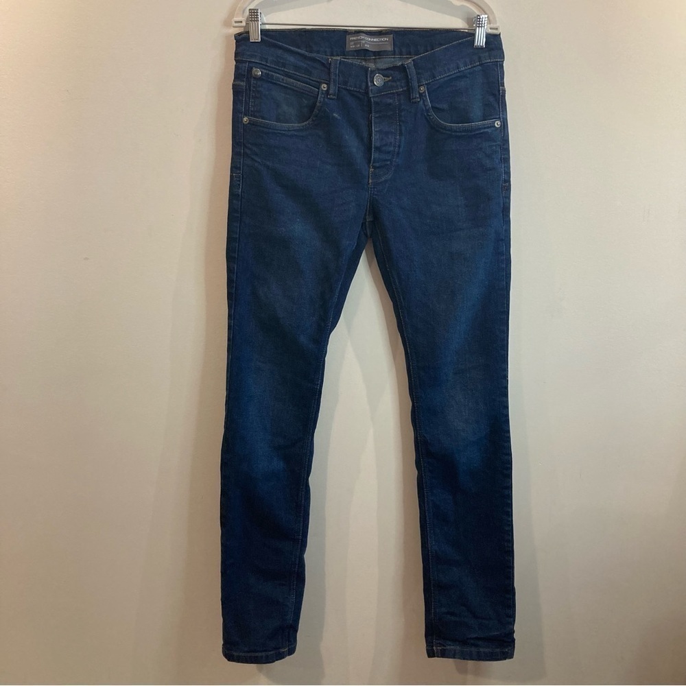 FRENCH CONNECTION Sz 34 x 32 Dark Mid-Wash Slim Leg Button Fly Distressed Jeans